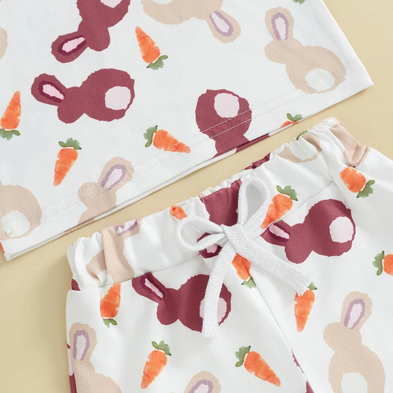 Baby Toddler Boys Girls 2Pcs Easter Set Bunny Rabbit Carrot Print Short Sleeve T-shirt with Elastic Waist Shorts Outfit