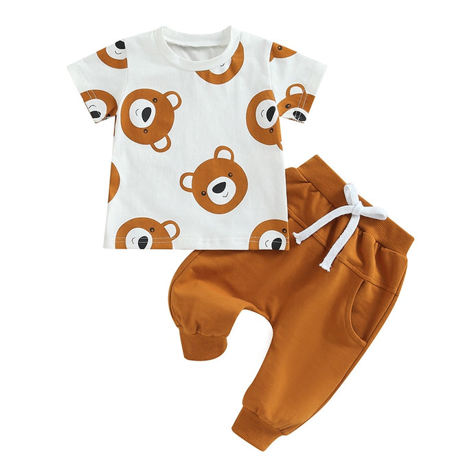 Toddler Baby Boy 2Pcs Outfits Short Sleeve Bear Print Tops Solid Pants Set Clothes