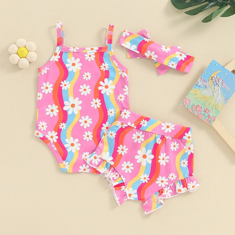 Baby Girls 3Pcs Clothes Set Flower Stipes Print Sleeveless Tank Top Romper with Shorts Bloomers Hairband Summer Outfit