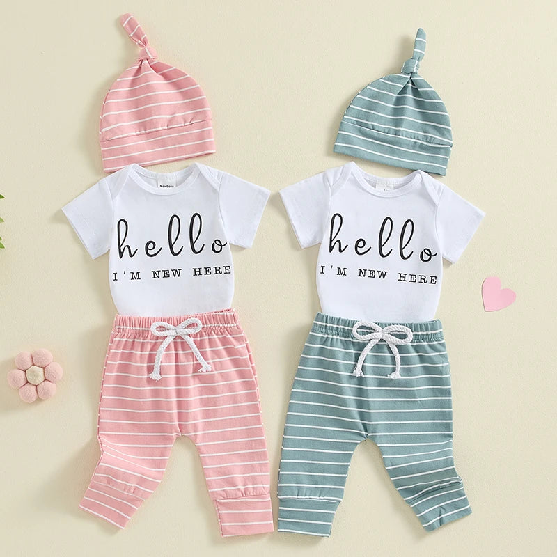 Baby Boy Girl 3Pcs Hello I'm New Here Summer Outfit Letter Print Short Sleeve Romper and Elastic Striped Long Pants and Beanie Hat Set