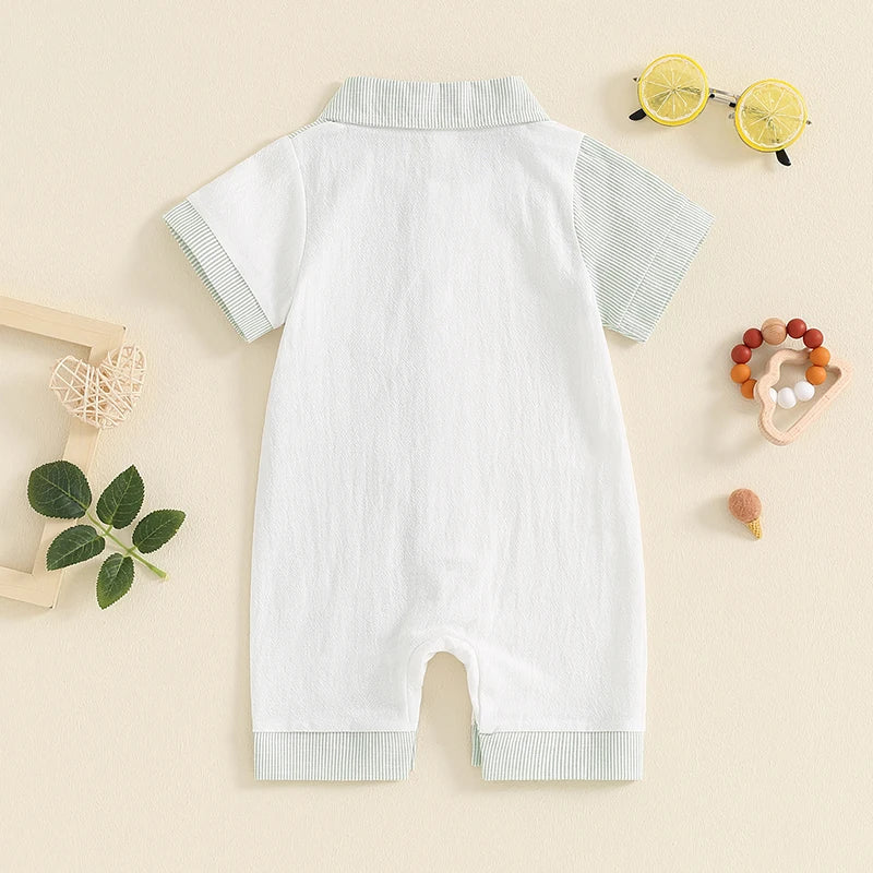 Baby Boy Jumpsuit Summer Short Sleeve Lapel Collar Stripes Contrast Color Print Romper Playsuit