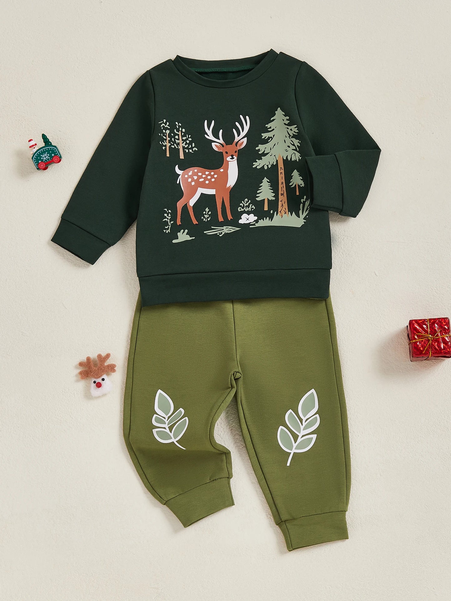 Baby Toddler Boys 2Pcs Christmas Clothes Reindeer Tree Winter Print Long Sleeve Round Neck Pullover Elastic Waist Long Jogger Pants