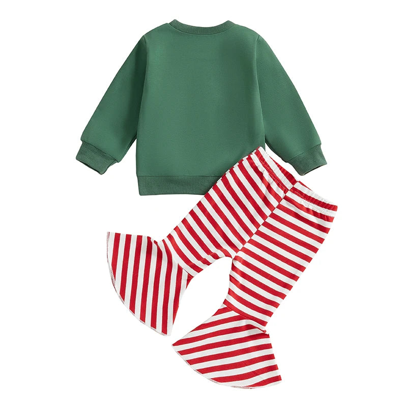 Baby Toddler Girls 2Pcs Christmas Outfit Santa Embroidery Long Sleeve Crewneck Top + Striped Flare Pants Set