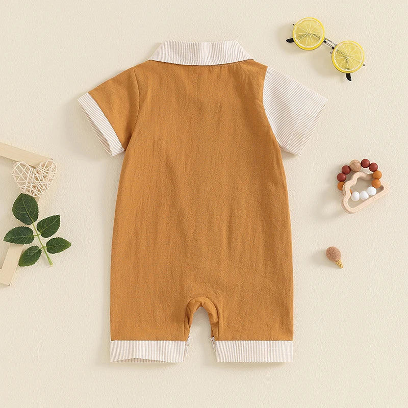 Baby Boy Jumpsuit Summer Short Sleeve Lapel Collar Stripes Contrast Color Print Romper Playsuit