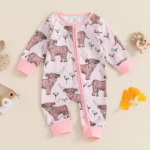 Load image into Gallery viewer, Baby Girls Boys Highland Cow Romper Print Long Sleeve Zipper Jumpsuit Fall Bodysuit
