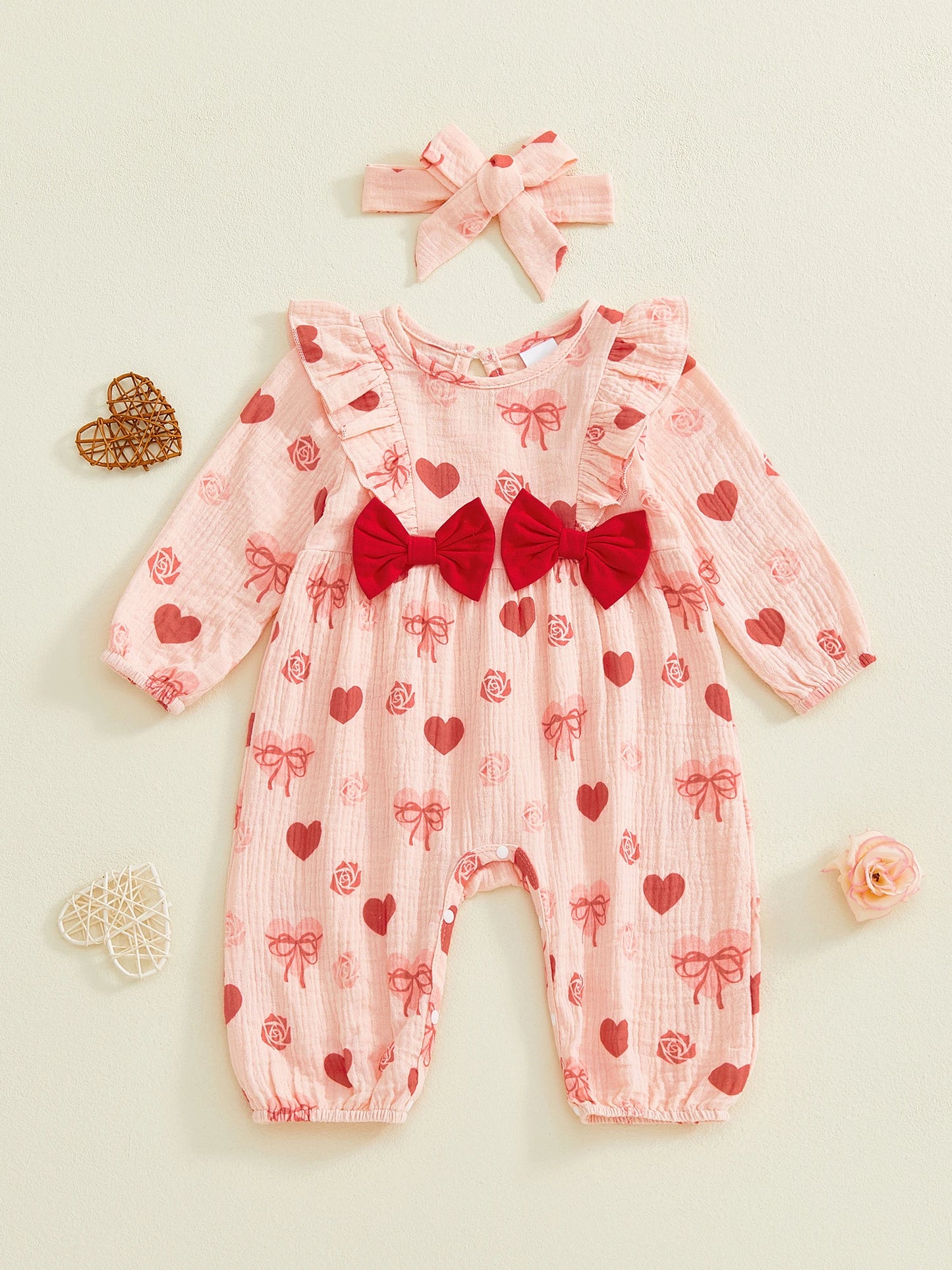Baby Girl 2Pcs Valentine's Day Outfit Long Sleeve Round Neck Heart Print Jumpsuit Romper with Headband Set