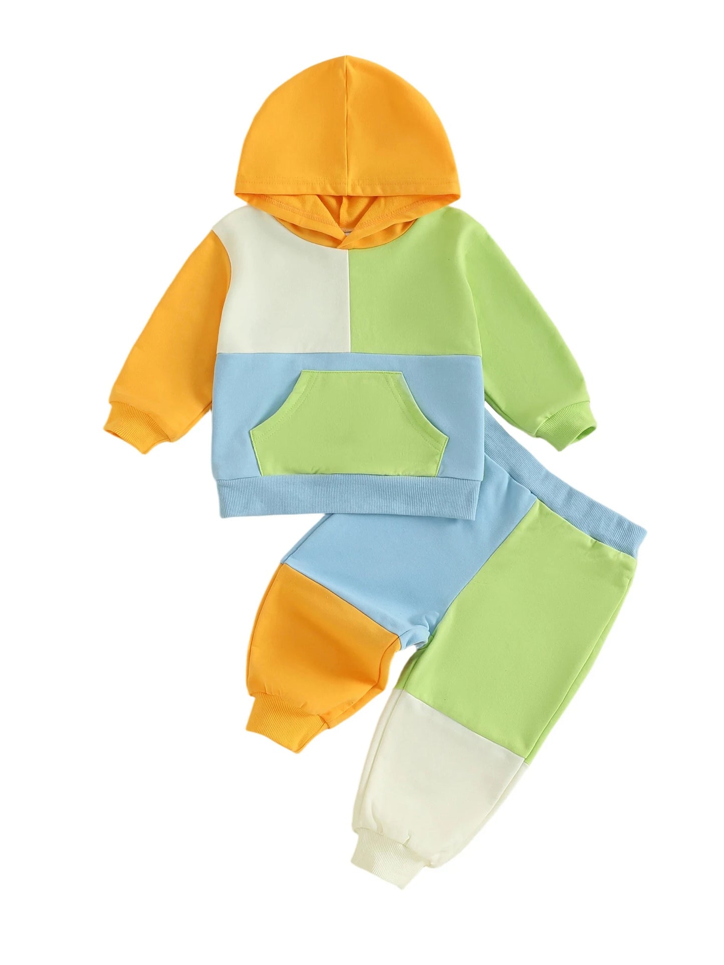 Baby Toddler Boys Girls 2Pcs Fall Outfit Loose Fit Contrast Color Long Sleeve Hoodie and Pants Jogger Set