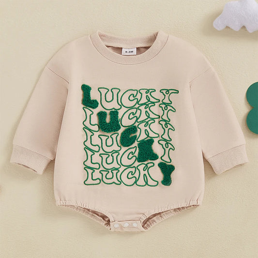 Baby Boy Girl Lucky Bubble Romper Letter Embroidery Long Sleeve Bubble Jumpsuit Irish Clothes St.Patrick's Day Bodysuit