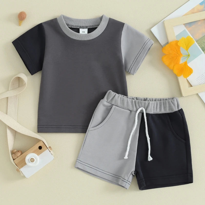 Toddler Baby Boy Girl 2Pcs Outfit Short Sleeve Contrast Color Top Elastic Waist Shorts Set Neutral Spring Summer Clothes