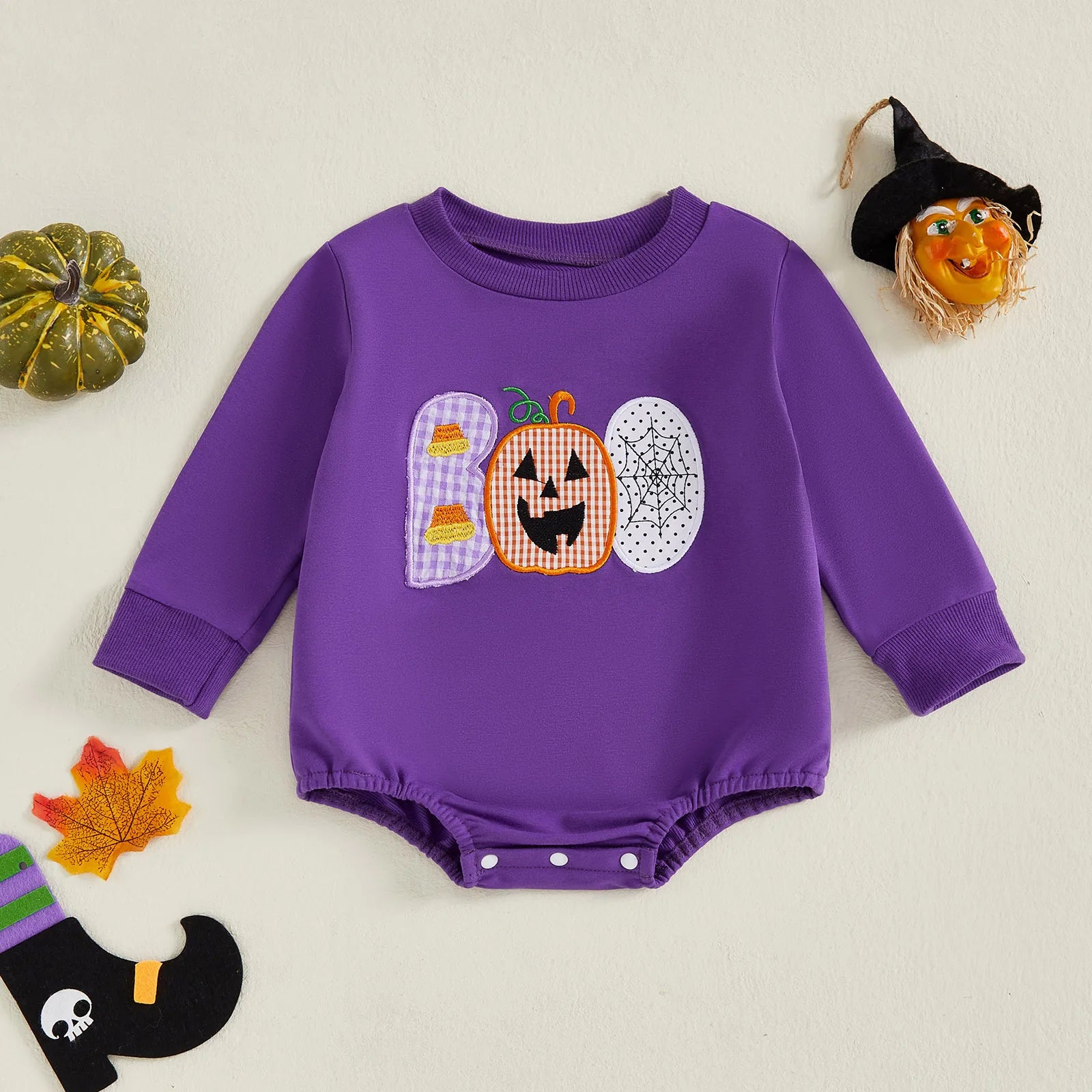 Baby Girls Boys Bubble Romper Halloween Clothes Spider Web Pumpkin Embroidery Letters Boo Long Sleeve Bodysuit Jumpsuit