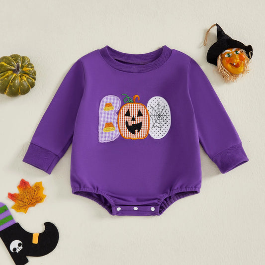 Baby Girls Boys Bubble Romper Halloween Clothes Spider Web Pumpkin Embroidery Letters Boo Long Sleeve Bodysuit Jumpsuit