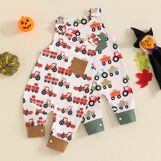 Baby Boys Jumpsuit Sleeveless Crew Neck Pocket Pumpkin Tractor Print Romper Halloween Jumpsuit