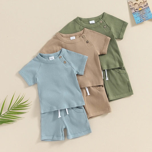 Baby Toddler Boys 2Pcs Summer Outfits Ribbed Solid Color Short Sleeve Top and Shorts Vacation Clothes Set