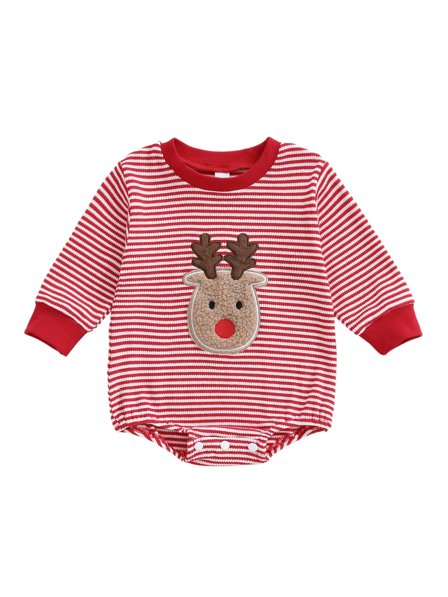 Baby Boys Girls Striped Romper Fashionable Christmas Reindeer Embroidery Round Neck Long Sleeve Jumpsuit