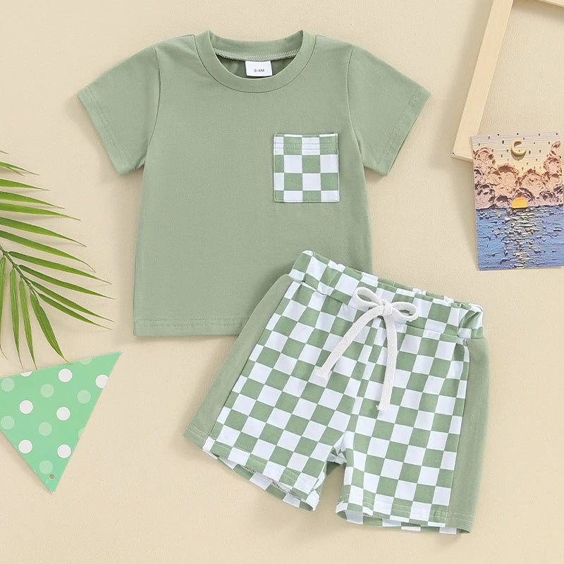 Toddler Baby Boy 2Pcs Spring Summer Outfits Short Sleeve Top Checker Print Pocket Shorts Clothes Set