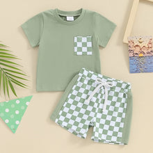 Load image into Gallery viewer, Toddler Baby Boy 2Pcs Spring Summer Outfits Short Sleeve Top Checker Print Pocket Shorts Clothes Set
