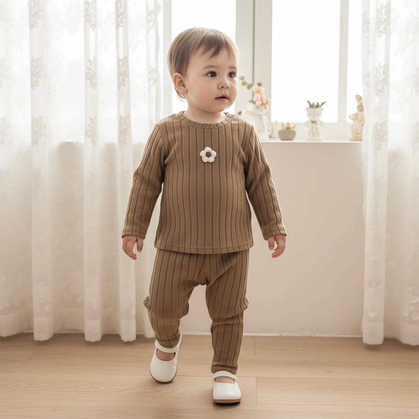 Baby Toddler Girls 2Pcs Clothing Set Long Sleeve Flower Top with Solid Color Pants Outfit