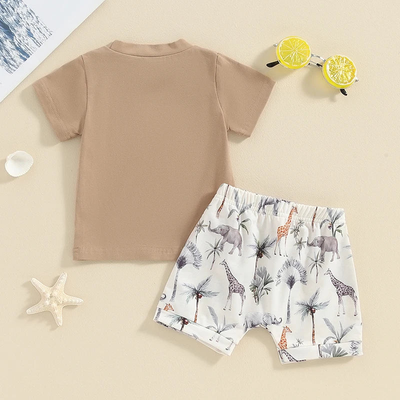 Baby Toddler Boys 2Pcs Summer Outfits Animal Elephant Giraffe Plam Tree Print Short Sleeve Top and Elastic Shorts Vacation Clothes Set