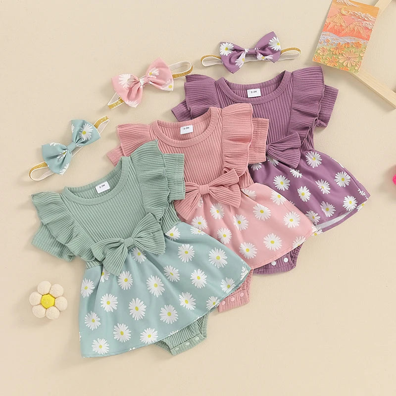 Baby Girl 2Pcs Romper Dress Skirt Daisy Print Short Sleeve Round Neck Jumpsuit Frill Sleeve with Bow Headband