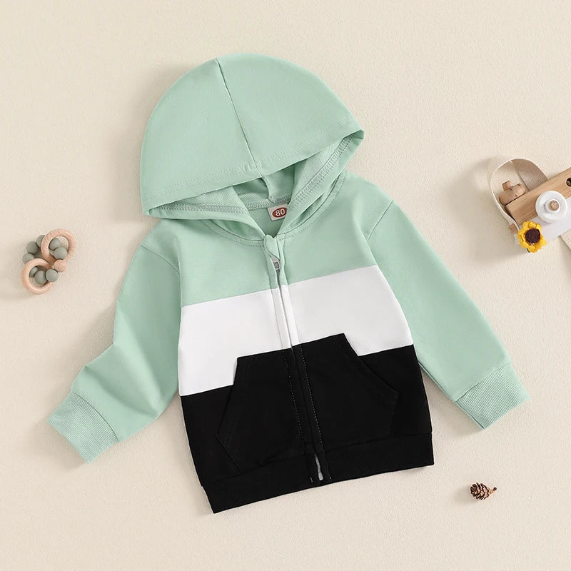 Baby Toddler Boys Girls Contrast Color Long Sleeve Zip Up Hooded Top