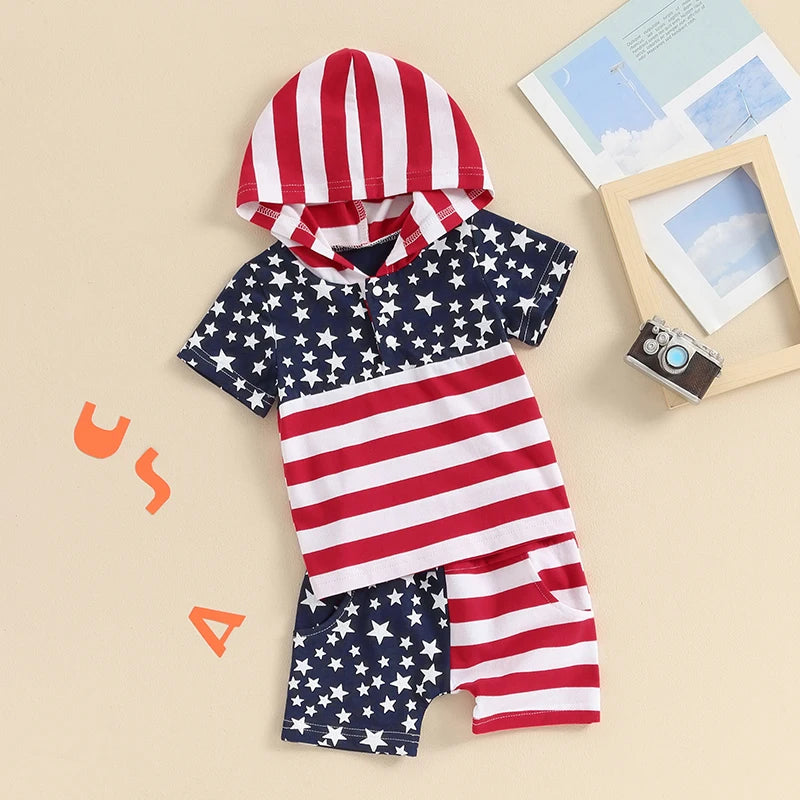 Toddler Baby Boy Girl 2Pcs 4th of July Outfit Short Sleeve Stars and Stripes Flag Print Hooded Top + Shorts Set Clothes