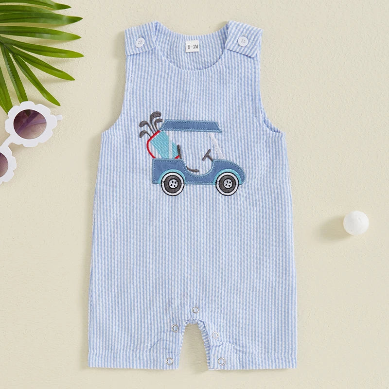 Baby Boys Jumpsuit Sleeveless Crew Neck Striped Embroidery Golf Cart Summer Romper