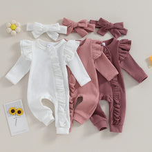 Load image into Gallery viewer, Baby Girl 2Pcs Clothes Ruffle Zipper Romper Long Sleeve Jumpsuit with Bow Headband

