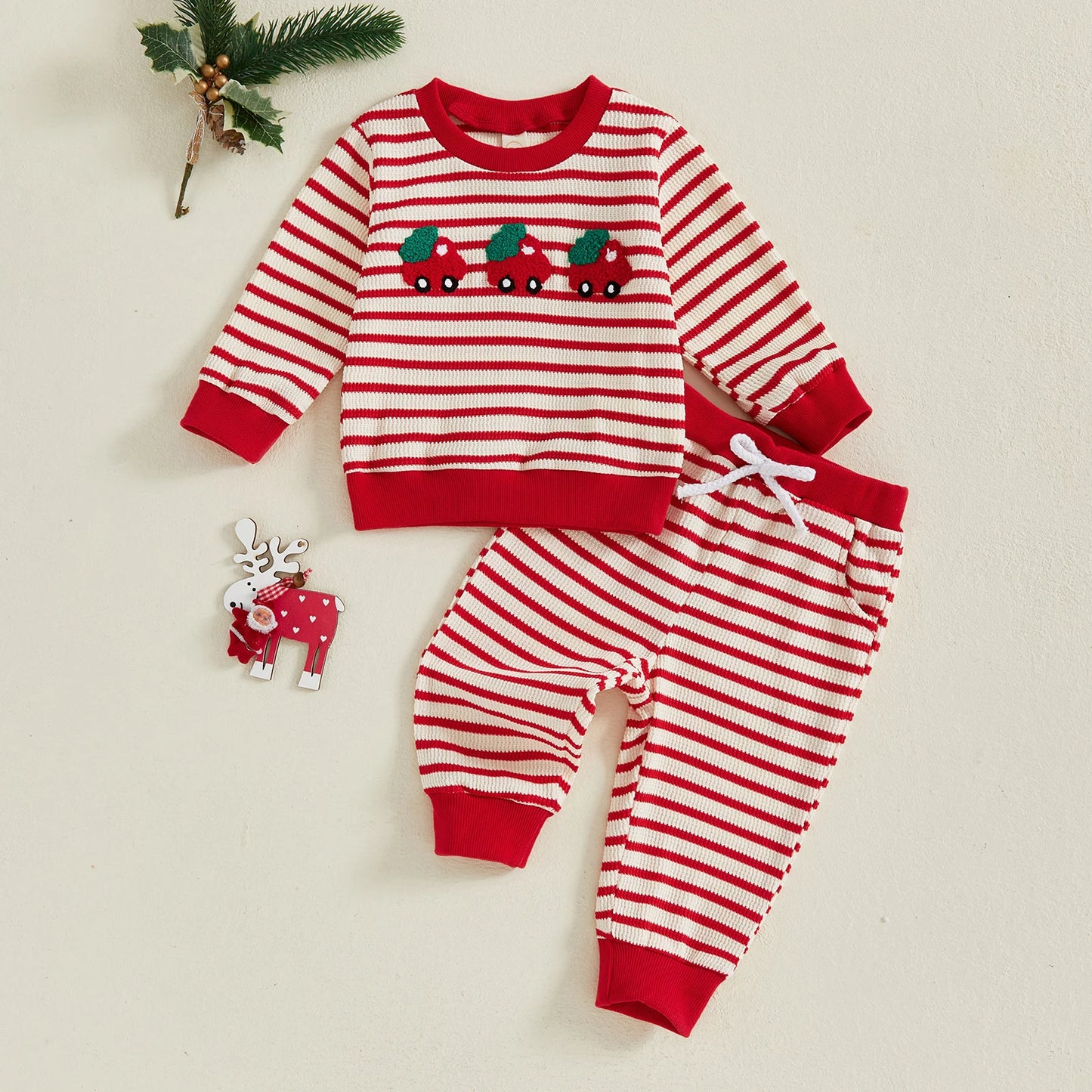 Baby Toddler Girls Boys 2Pcs Christmas Outfit Car Truck Tree Embroidered Striped Crew Neck Long Sleeve Pullover Top and Pants 2Pcs Jogger Set
