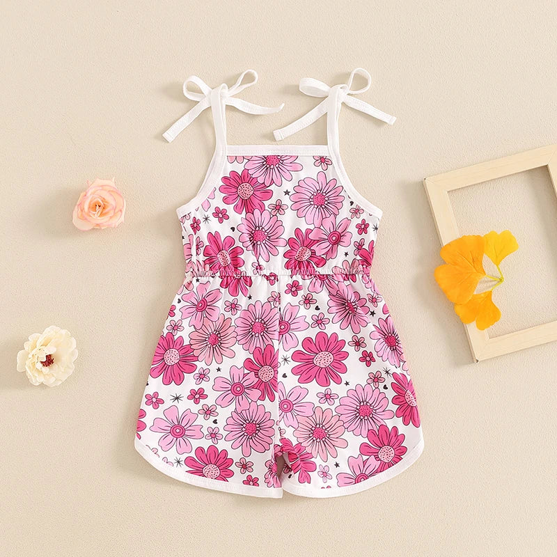 Baby Toddler Girls Summer Jumpsuit Sleeveless Tie Strap Tank Top Elastic Waist Floral Flower Print Romper Shorts Playsuit