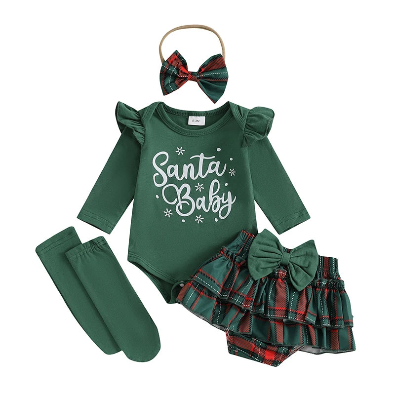 Baby Toddler Girls 4Pcs My 1st Christmas / Santa Baby First Outfit Letter Reindeer Ruffle Long Sleeve Romper Plaid Layered Ruffle Shorts Skirt Bloomers Socks Headband Bow Set