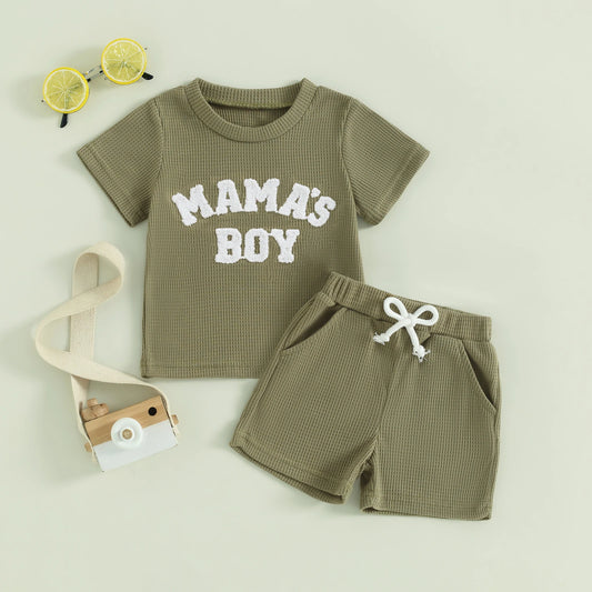 Baby Toddler Boy 2Pcs Mama's Boy Letter Embroidery Short Sleeve Top Matching Shorts Set Waffle Outfit