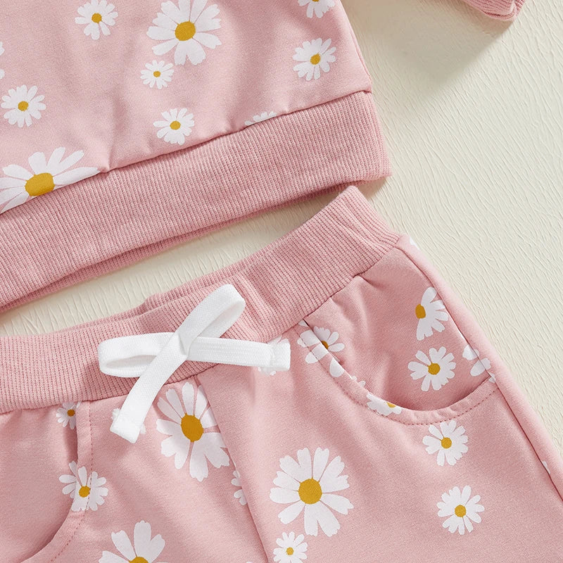 Baby Toddler Girls 2Pcs Spring Fall Outfit Daisy Print Ruffle Long Sleeve Pullover Top Elastic Waist Jogger Pants Set