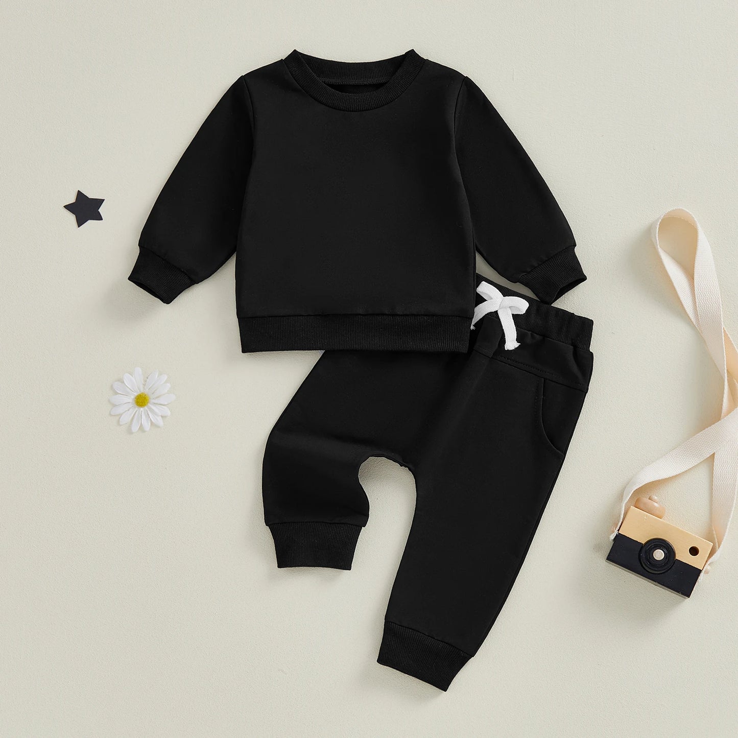 Baby Toddler Boy Girl 2Pcs Spring Fall Outfit Solid Color Long Sleeve Round Neck Pullover Crewneck Top Elastic Waist Long Pants 2 Pcs Jogger Set
