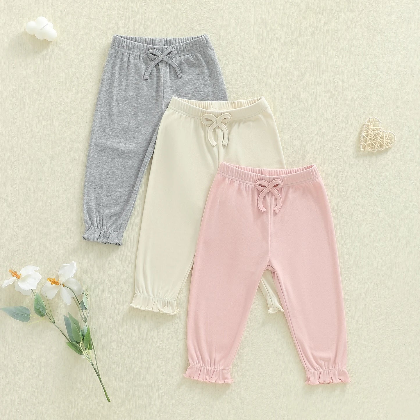 Baby Toddler Girl 3Pcs Pants Set Casual Stylish Solid Color Decorative Bow Elastic Mid Waist Infant Bottoms