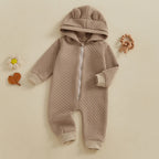 Baby Boys Girls Hello World Jumpsuit Long Sleeve Solid Hooded Hood with Ears Embroidery Letters Zipper Romper Clothes