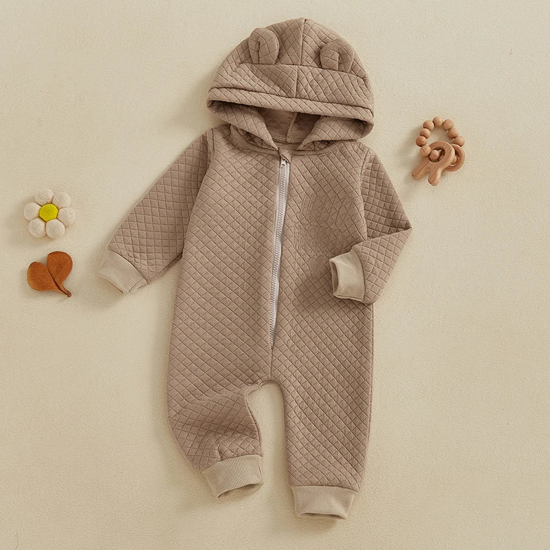 Baby Boys Girls Hello World Jumpsuit Long Sleeve Solid Hooded Hood with Ears Embroidery Letters Zipper Romper Clothes