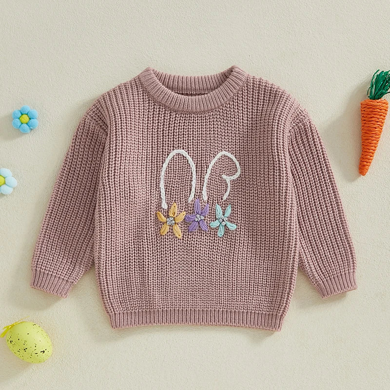 Baby Toddler Kids Girl Boy Children Bunny Rabbit Ears Flowers Bowtie Sweater Easter Clothes Long Sleeve Casual Knit Pullover Top