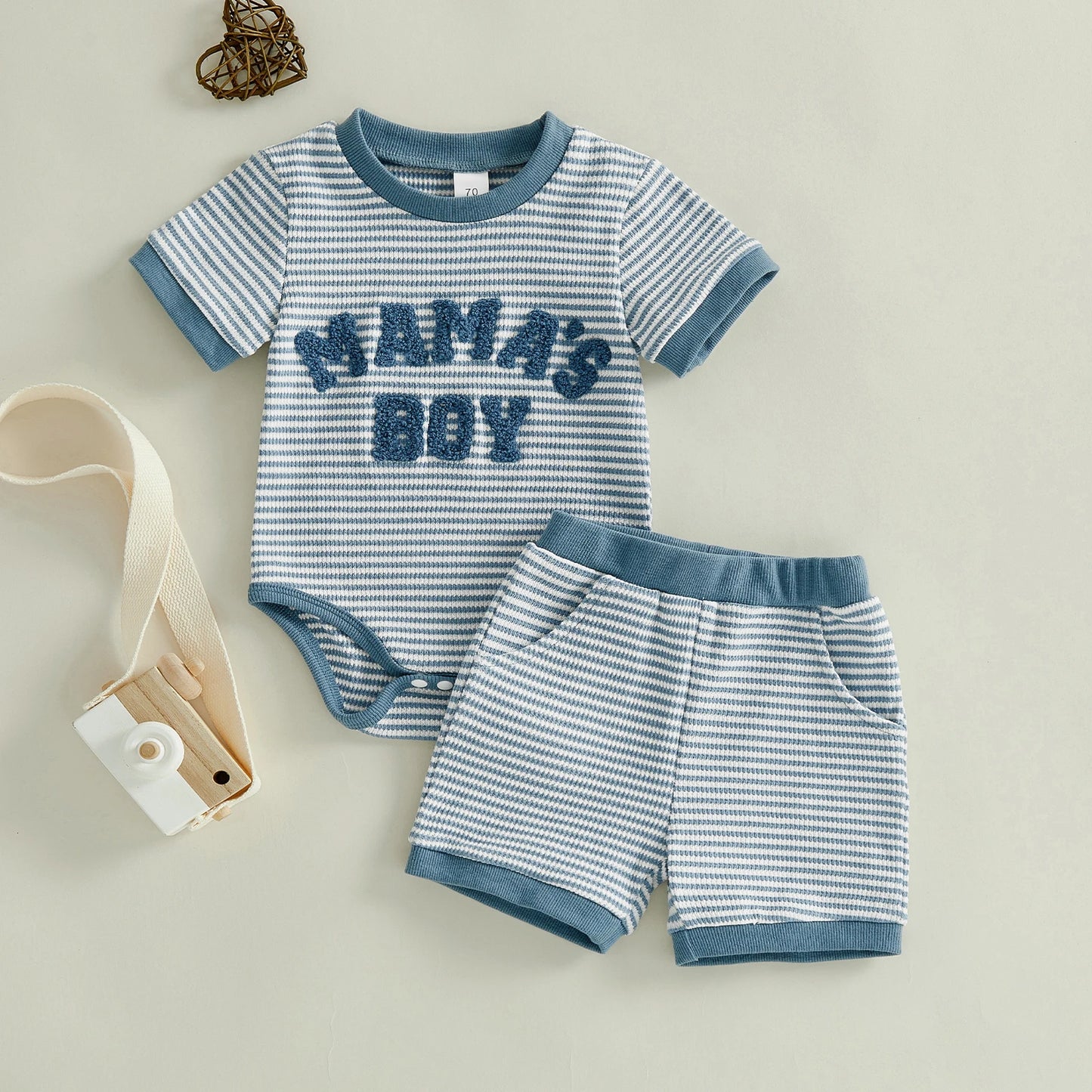 Baby Boy 2Pcs Mama's Boy Summer Set Striped Letter Embroidery Short Sleeve Romper and Shorts 2 Piece Outfit