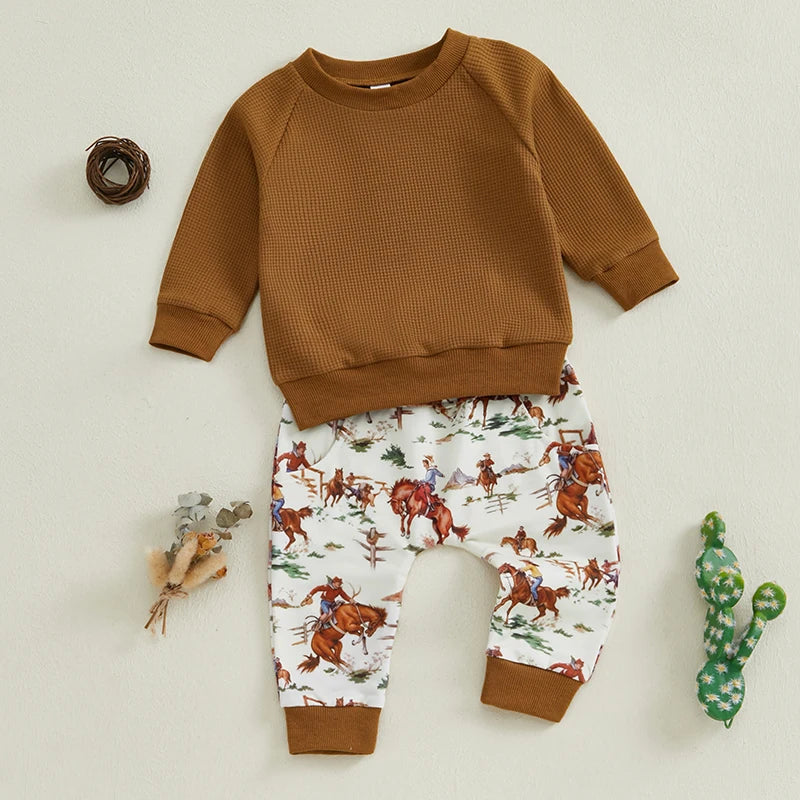 Baby Toddler Boys 2Pcs Fall Western Outfit Solid Long Sleeve Pullover Crewneck Top Cattle Cow Cowboy Horse Print Elastic Waist Pants Jogger Set