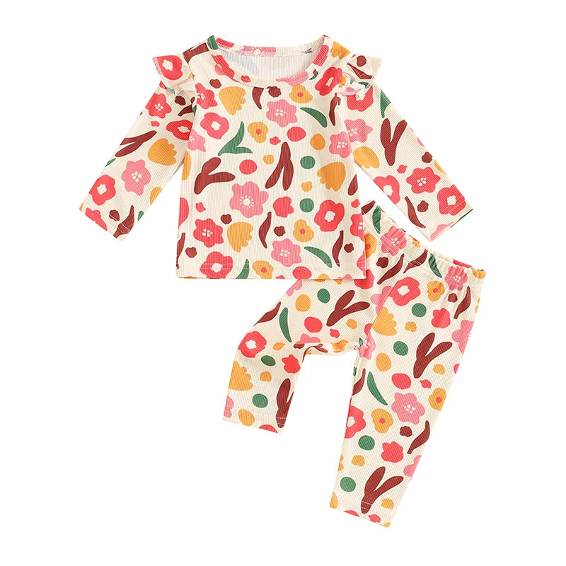 Baby Toddler Girls 2Pcs Flower Print Long Sleeve Top with Matching Pants Set Outfit