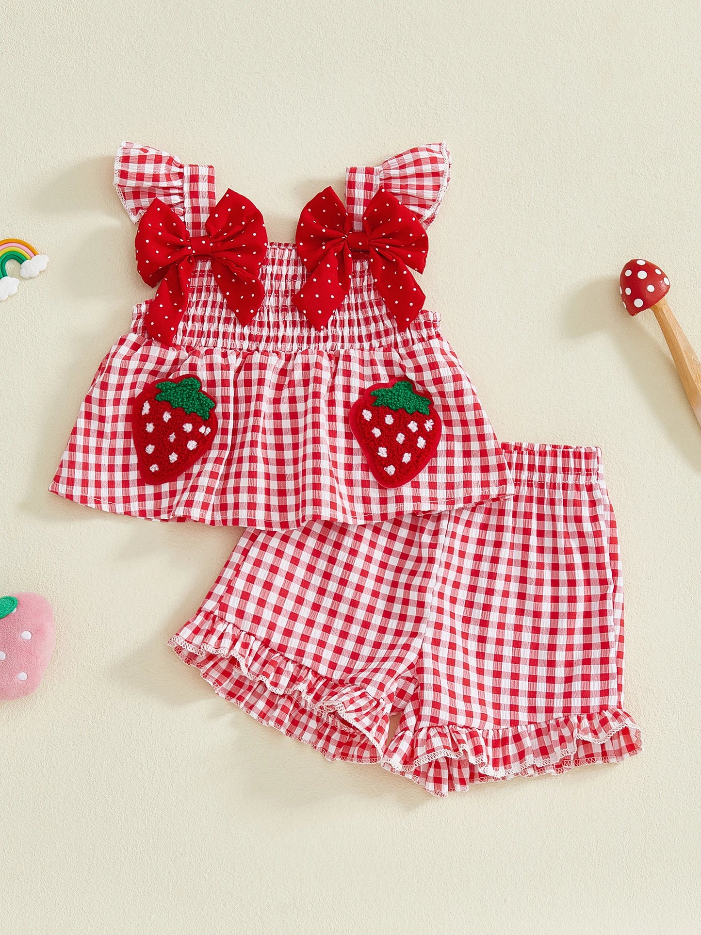 Baby Toddler Girls 2Pcs Spring Summer Outfit Strawberry Embroidered Plaid Bows Ruffled Trim Tank Top and Shorts Set