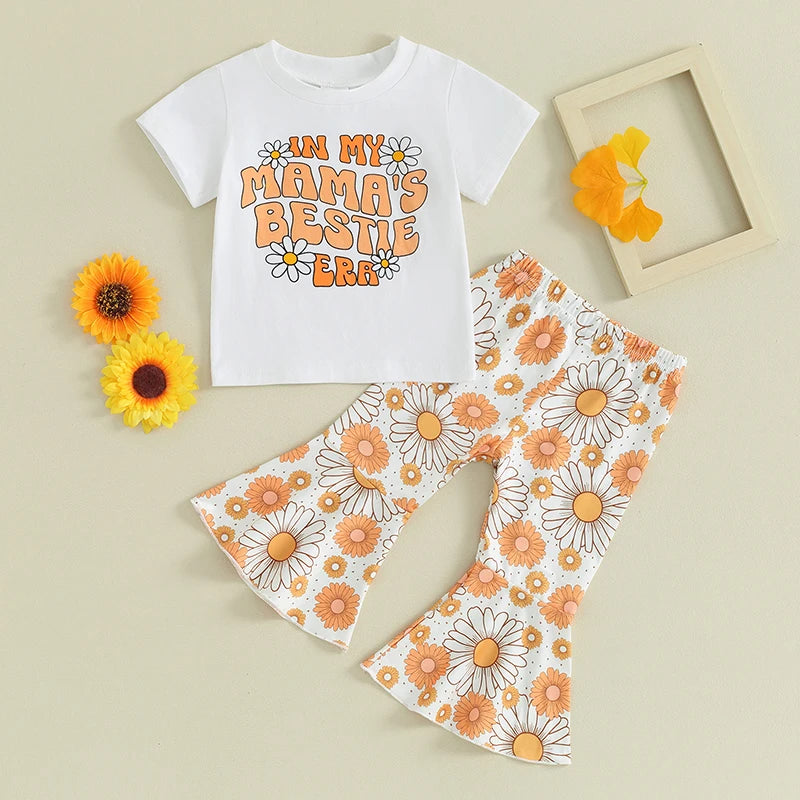 Toddler Kids Baby Girls 2Pcs In My Mama's Bestie Era Flowers Summer Clothes Letter Floral Print Short Sleeve T-shirts + Flare Pants Set Outfit