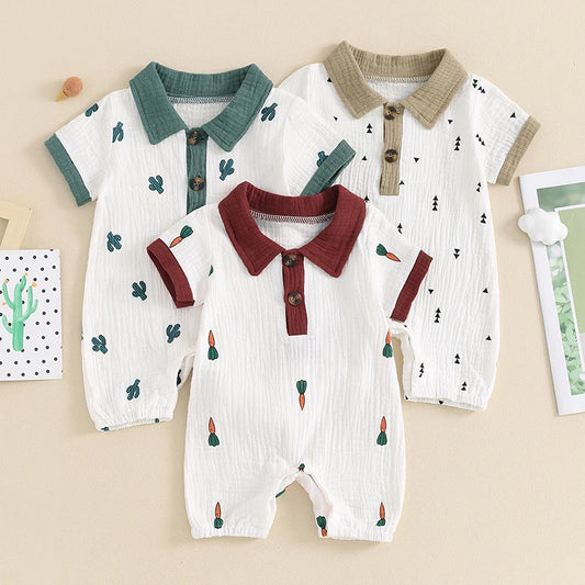 Baby Toddler Boy Jumpsuit Summer Spring Short Sleeve Lapel Collar Button Cactus Carrot Arrow Triangle Graphic Print Romper Playsuit