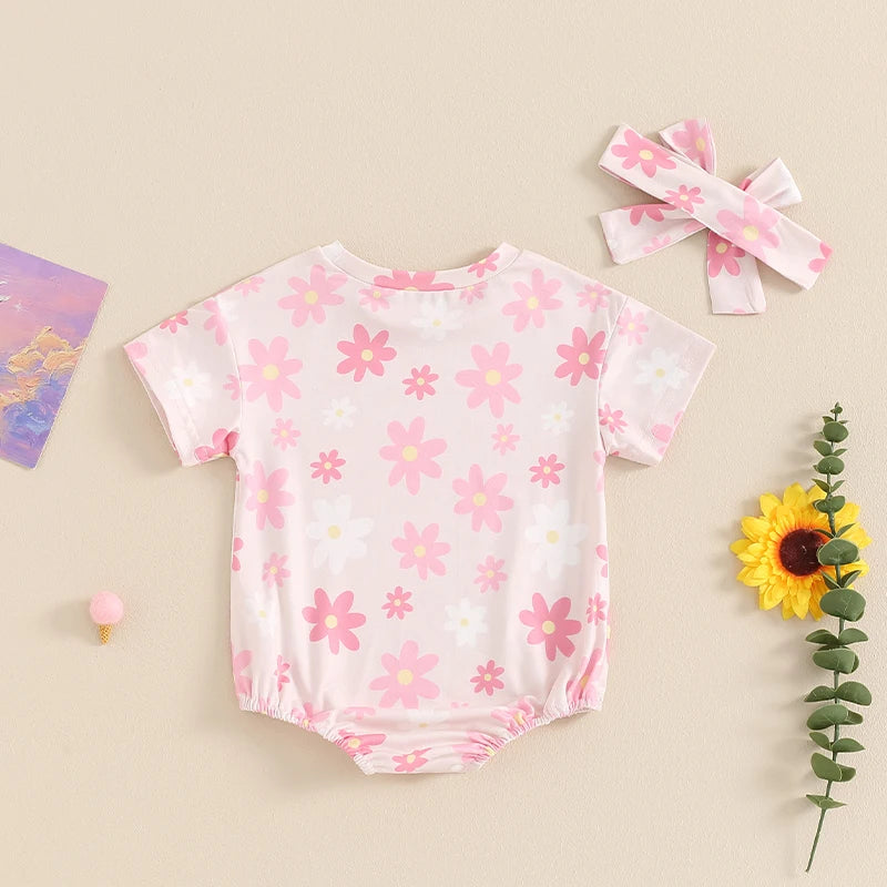 Baby Girl 2Pcs Summer Jumpsuit Daisy Flower Print Short Sleeve Round Neck Romper with Headband Set