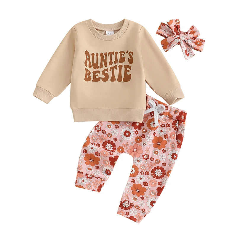 Baby Toddler Girls 3Pcs Outfit Auntie's Bestie Letter Print Long Sleeve Crewneck Top and Floral Flowers Print Jogger Pants Headband Clothes Set