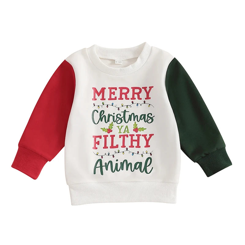 Baby Toddler Girls Boys Christmas Letter Santa Cookies Reindeer / Merry Christmas Ya Filthy Animal Long Sleeve Pullover Patchwork Top