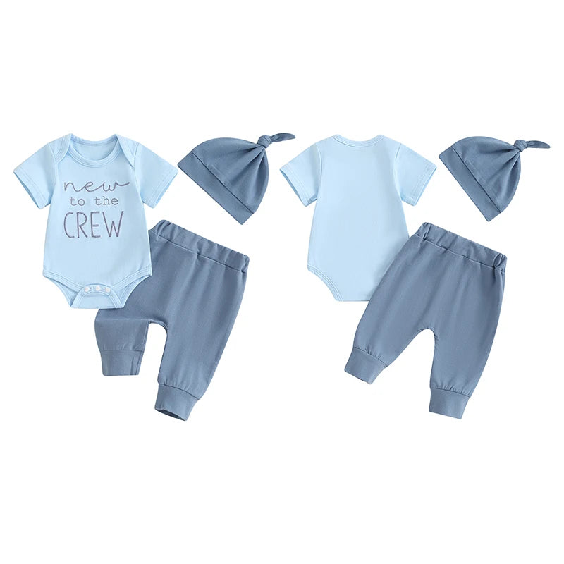 Baby Boy 3Pcs New To The Crew Outfit Letter Short Sleeve Romper with Solid Color Pants and Hat Set