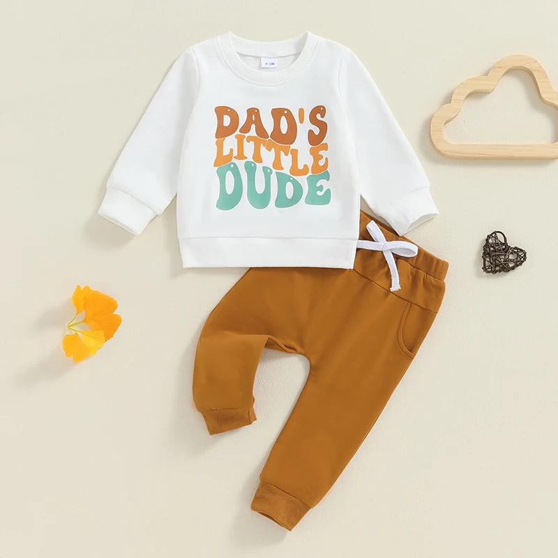 Baby Toddler Boys 2Pcs Dad's Little Dude Fall Outfit Letter Print Long Sleeve Round Neck Top and Solid Color Pants Set