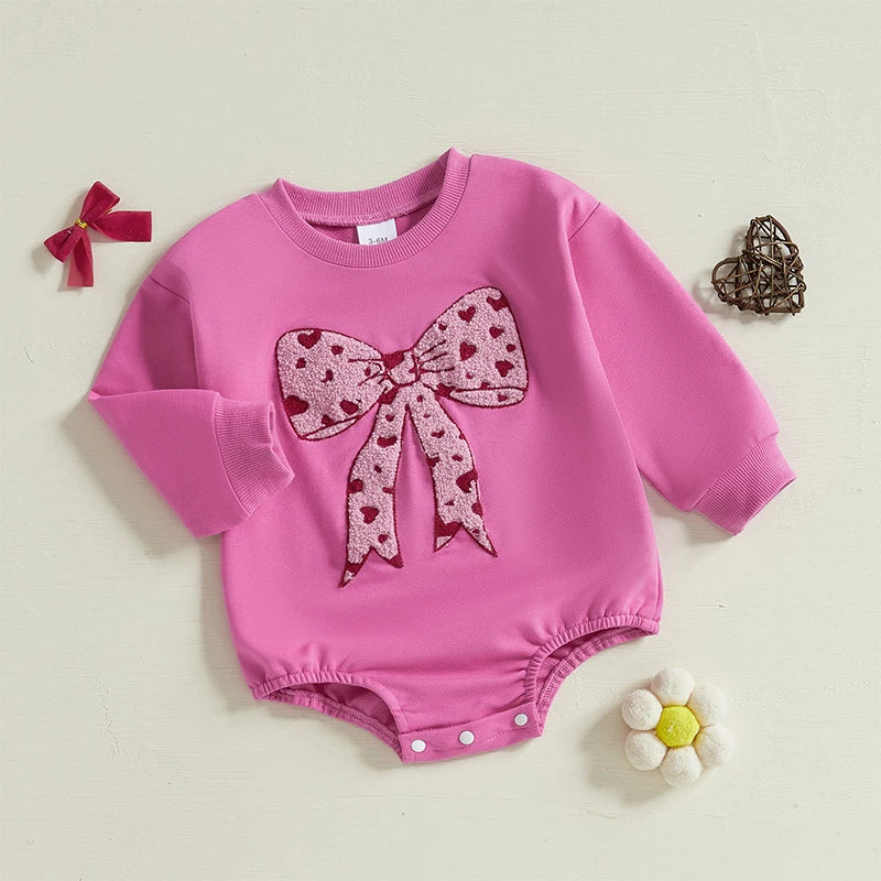 Baby Girls Bubble Romper Heart Bow Embroidery Long Sleeve Jumpsuit Valentine's Day