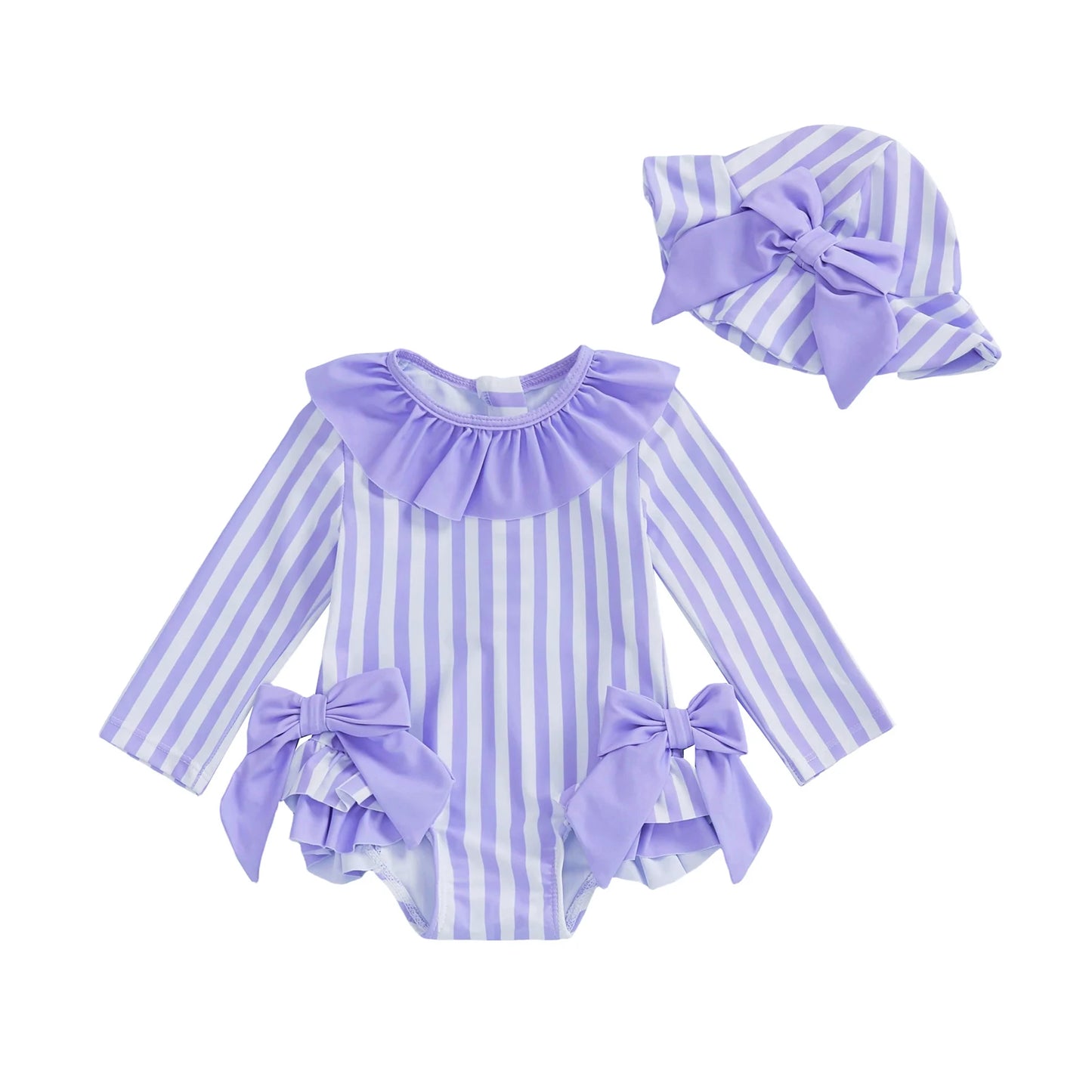 Baby Toddler Girls 3Pcs Swimsuit Ruffles Collar Long Sleeve Striped Print Bow Swimwear with Hat Set